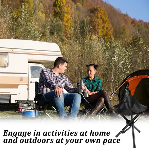 2 Pack Portable Folding Camping Stool with Built In Shoulder Straps next to campers in front of a tent and caravan