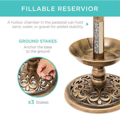Outdoor Solar Lighted Bird Bath Fountain With Planter And Integrated Panel In Bronze Pedestal Water Feature For Lawn And Garden Scroll Accent Details Easy Fill Energy Saving Lit Night Light showing fillable base and ground stakes