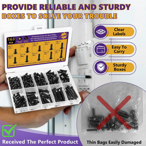 163 Piece M4 Pan Head Machine Screws Kit Black High Hardness Carbon Steel assortment in a sturdy clear box for easy access.