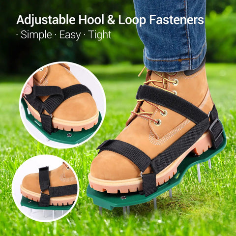 All New Velcro Lawn Aerator Shoes With Easy On Straps And Heavy Duty Spiked Sandals For Lawn Care No Installation Required One Size Fits All For Yard Patio Garden on foot in grass