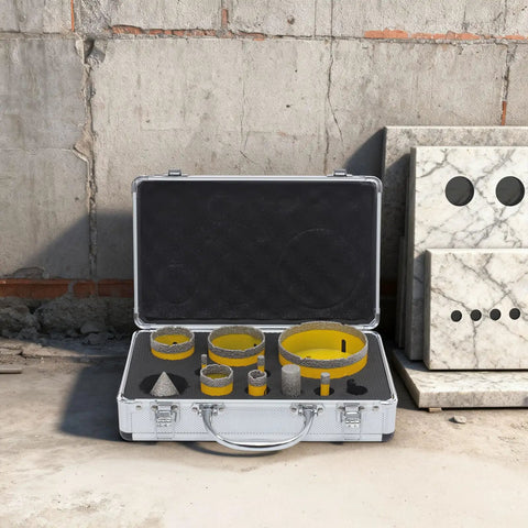 Premium 10 Pcs Diamond Core Drill Bit Set With Heavy Duty Hole Saw Kit In Yellow For Cutting Tile Granite Marble And Stone Smooth And Fast open case