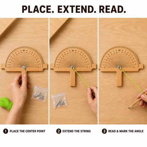 Boss Level Wooden Angle Ruler And String Line Corner Angle Finder Tool Delivering Straight Up Precision for marking angles.