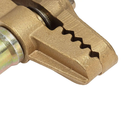 Close-up of the brass jaws on the Brass Welding Ground Clamp With Rubber Sleeve, 35mm Opening, 800A Capacity for welding use