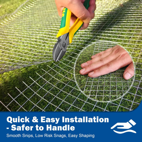 Heavy Duty 19 Gauge Hardware Cloth Half Inch Square Mesh 16 Inch Wide By 50 Feet Long Welded Wire Fence Roll shown with snips on grass.