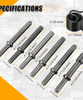 Heavy Duty Air Rivet Hammer Tools Kit 7 Piece Set showing 6 rivet hammer bits and spring with measurements