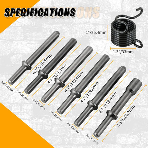 Heavy Duty Air Rivet Hammer Tools Kit 7 Piece Set showing 6 rivet hammer bits and spring with measurements