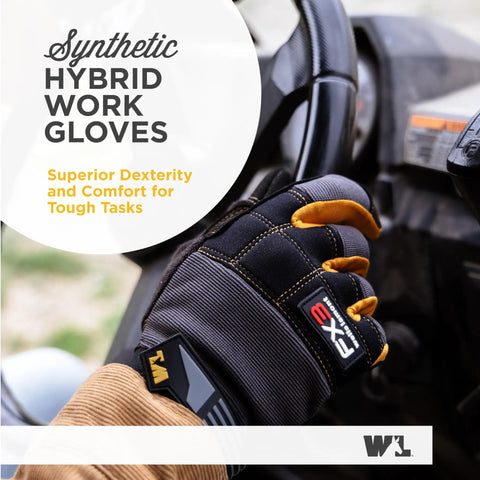 FX3 Men's Work Gloves With Dexterity And Synthetic Leather Palm Reinforced Fingertips Stretch Spandex Back Touchscreen Ready All Purpose Use Ergonomic Fit Black X Large shown gripping a steering wheel