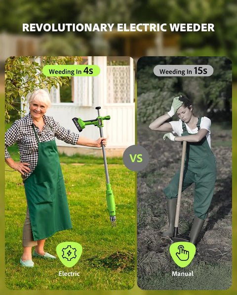 Woman using TaskStar 21V Battery Powered Weed Puller Tool With Two 2000Mah Batteries in yard, showing ease of use.