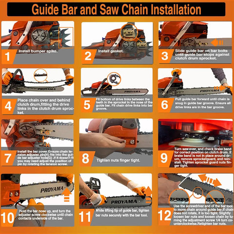 Guide bar and saw chain installation for 68cc Two Stroke Top Handle Gas Chainsaw With 24 Inch Bar showing step-by-step instructions