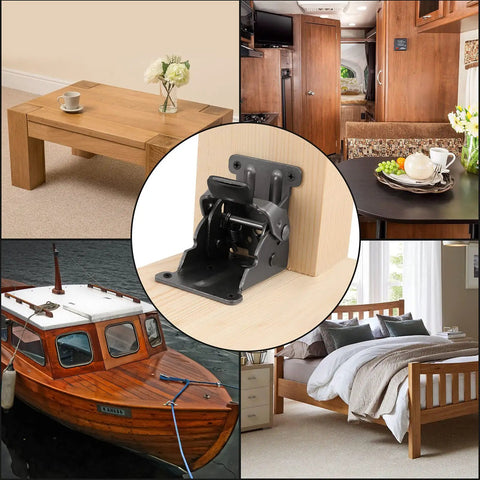 Eight Pack 0 To 90 Degree Folding Hinges Built Tight For Smooth Home Improvements Beefy Self Locking Steel Brackets handling 500 pounds in use on wooden furniture.
