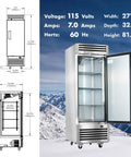 Workhorse Grade 27 Inch Commercial Freezer 23 Cubic Foot Reach In Upright Cooler with solid stainless steel door and open shelves.