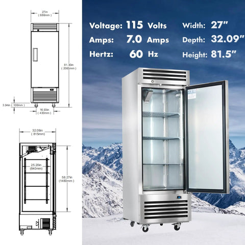 Workhorse Grade 27 Inch Commercial Freezer 23 Cubic Foot Reach In Upright Cooler with solid stainless steel door and open shelves.