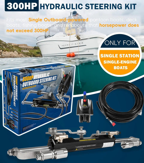 300HP Hydraulic Outboard Boat Steering Kit With Helm Pump And Cylinder, 2 X 26-Foot High-Strength PU Hoses, Complete Marine Steering System For Most Single Outboard-Powered Boats, Plug-And-Play Install For Easy Setup And Smooth Control