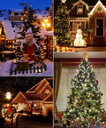 Festive holiday decorations with lights and Christmas trees in various outdoor and indoor settings at night.