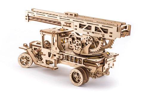 Wooden 3D Fire Truck Model Kit With Lever Operated Rotatable Retractable Ladder That Converts To A Crane Multicolor DIY Build Toy For Adults And Kids 537 Part Set, wooden fire truck model with extended ladder