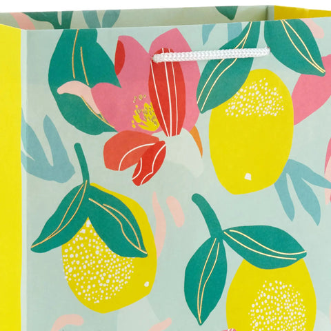 Spring Gift Bags Set With Sweet Floral And Lemon Prints In Teal Pink Yellow, close-up of lemon and floral design, medium size