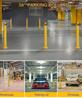 Rock Solid 6 Pack Safety Bollards 36 Inch Tall 4.5 Inch Thick Yellow Steel Posts with welded bases installed in different locations.
