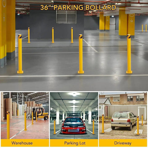 Rock Solid 6 Pack Safety Bollards 36 Inch Tall 4.5 Inch Thick Yellow Steel Posts with welded bases installed in different locations.