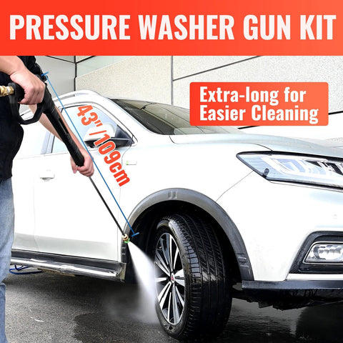 Pressure washer gun wand with swivel and ergonomic handle, 43-inch black extension, spraying a car.