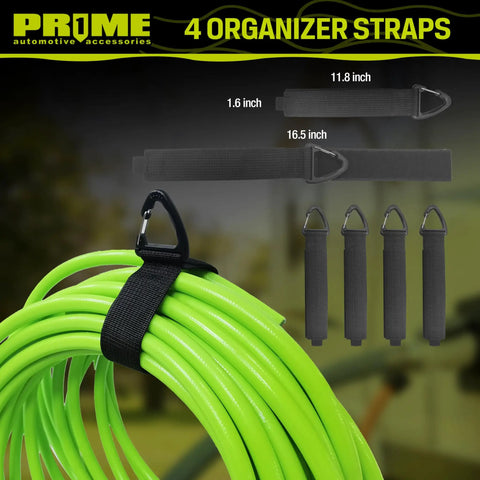 Close-up of green hose secured with black organizer straps, sizes 1.6, 11.8, and 16.5 inches, by Prime automotive accessories.
