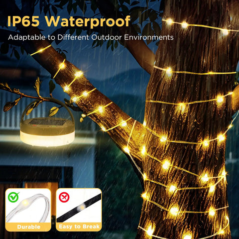 Retractable 33ft Solar Camping String Lights 4 in 1 Lantern with 8 Modes on tree, waterproof during rain
