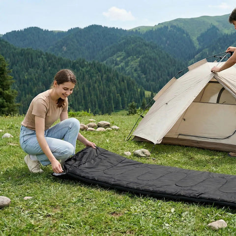 Woman setting up Two Person Sleeping Bag Set With Pillow For Camping And Travel, Lightweight Queen Size outdoors