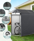 3x6 Ft Outdoor Storage Shelter Heavy Duty Waterproof Portable Shed with bike inside, showing roll-up zipper door and ventilated windows.