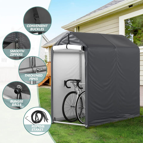 3x6 Ft Outdoor Storage Shelter Heavy Duty Waterproof Portable Shed with bike inside, showing roll-up zipper door and ventilated windows.