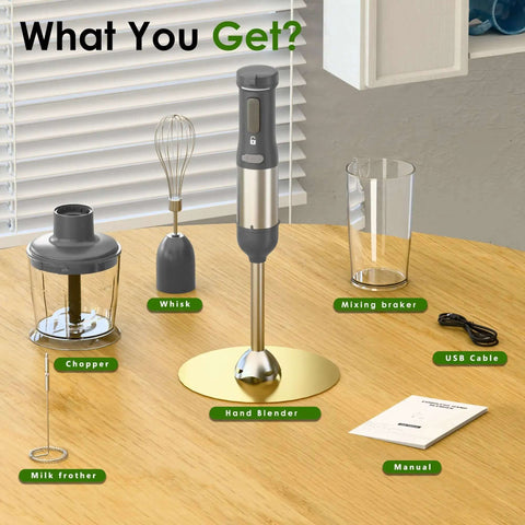 Kickass 5-In-1 Cordless Immersion Blender With Rechargeable Handheld Battery And Dependable Power Source For Smooth Pureeing Rapid Mixing And Kitchen Tasks That Never Back Down accessories including whisk, chopper, and USB cable on wooden table.