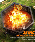 Hexagon 28 Inch Wood Burning Fire Pit With Spark Screen And Poker For Outdoor Fun, black steel construction, glowing fire flames