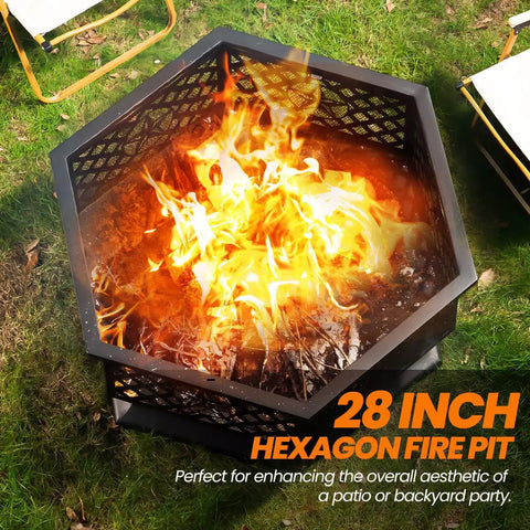 Hexagon 28 Inch Wood Burning Fire Pit With Spark Screen And Poker For Outdoor Fun, black steel construction, glowing fire flames
