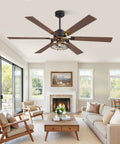 60 Inch Farmhouse Industrial Ceiling Fan With Lights And Remote, Black Cage Design, in modern living room setting