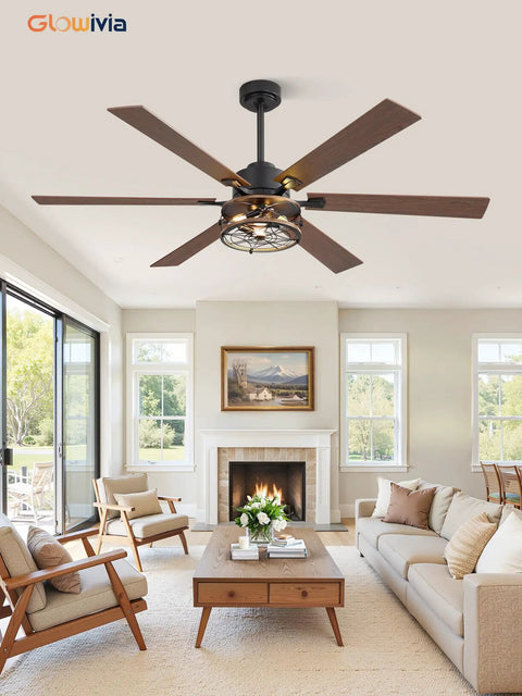 60 Inch Farmhouse Industrial Ceiling Fan With Lights And Remote, Black Cage Design, in modern living room setting