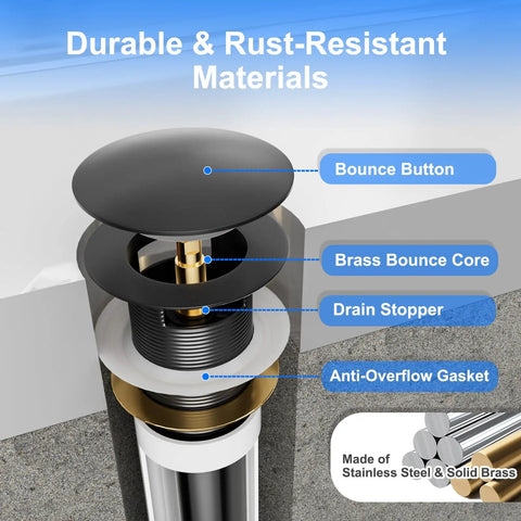 Heavy Duty Pop Up Drain For Freestanding Tub Featuring A Slick Matte Black Finish Crafted From Solid Brass With Smooth Gears That Run Like A Champ showing components, including brass bounce core and drain stopper.