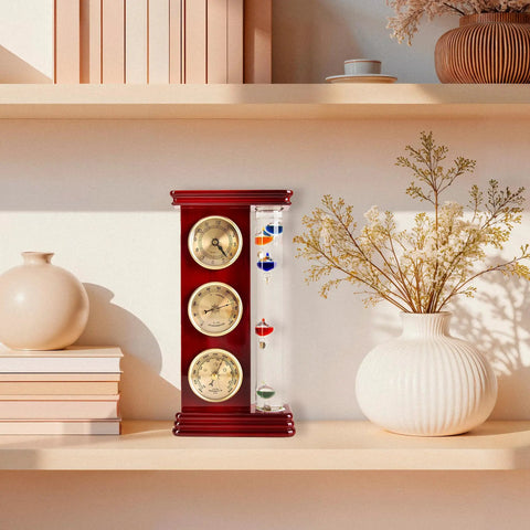 Dope Analog Weather Station With Galileo Thermometer Barometer Hygrometer And Quartz Clock for indoor outdoor use on shelf