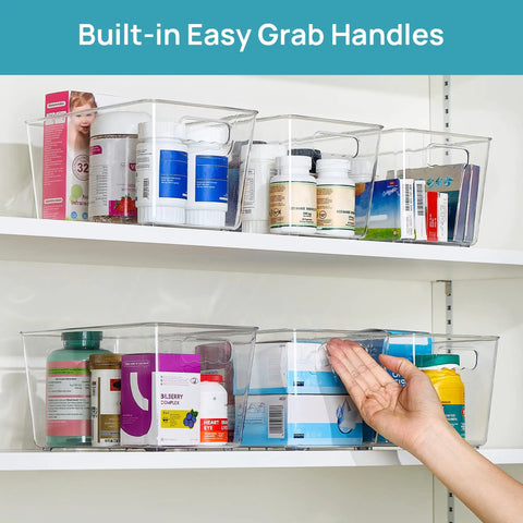 Clear Storage Bins With Handles Six Pack For Pantry Organization And Storage Plastic Bins on white shelves with products