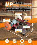 Hella Versatile Compact Mini Belt Sander For Electric Knife Sharpening And Woodworking With Quick Adjustments Custom Angles And Smooth Polish Finish, showing adjustable platform and components.
