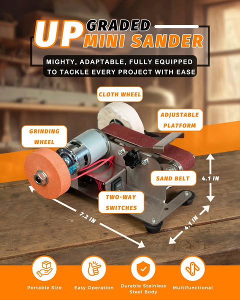 Hella Versatile Compact Mini Belt Sander For Electric Knife Sharpening And Woodworking With Quick Adjustments Custom Angles And Smooth Polish Finish, showing adjustable platform and components.