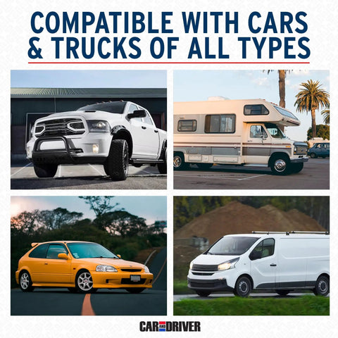 Four different vehicles compatible with IntelliDash Pro X10 10 Inch Wireless CarPlay And Android Auto Display, including SUV, RV, sedan, and van.