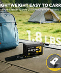 8Ah LiFePO4 12V Battery Drop In Replacement For Lead Acid SLA with backpack and camping tent backdrop