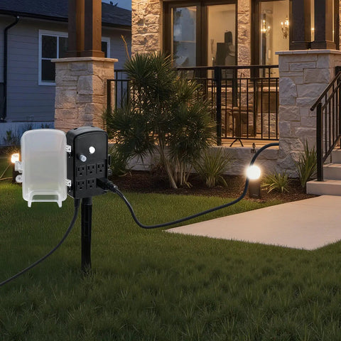 Outdoor Power Stake With Weatherproof Cover And Overload Protection No Fuss 50 Ft Extension Cord Six Outlets 15A 1875W Waterproof Power Strip For Halloween And Christmas Lights And Other Outdoor Gadgets in lawn by porch
