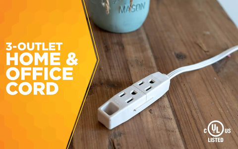 Slimline Flat Plug Extension Cord 6 Foot 16 Gauge 3 Conductor 3 Outlet Indoor White Wall Saver on wooden table