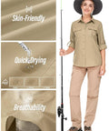 Women's UPF 50 Long Sleeve Safari Shirt For All Day Outdoorsy Adventures With Quick Dry Moisture Wicking Tech Lightweight And Stain Resistant Fabric Great For Fishing Hiking Travel In Khaki Size M with skin-friendly and breathable fabric shown.