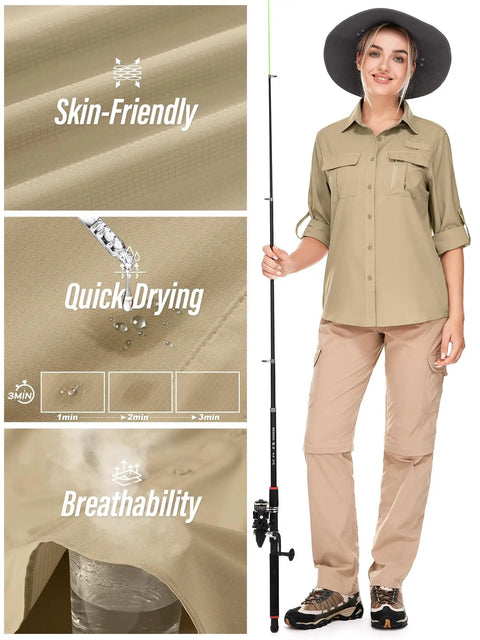 Women's UPF 50 Long Sleeve Safari Shirt For All Day Outdoorsy Adventures With Quick Dry Moisture Wicking Tech Lightweight And Stain Resistant Fabric Great For Fishing Hiking Travel In Khaki Size M with skin-friendly and breathable fabric shown.