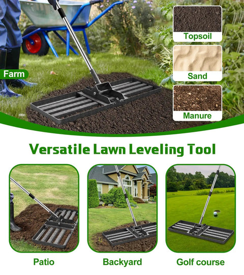 Heavy Duty Lawn Leveling Rake With 30x10 Plate And 6 Ft 2 In Adjustable Stainless Steel Handle used in farm setting