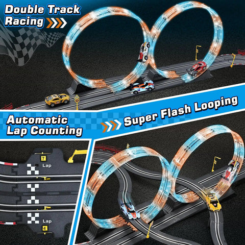 Epic Slot Car Race Track Set With Four Cars Battery Or Electric Power Glow Lights Circular Overpass Dual Lap Counter