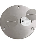 Real Deal Stainless Steel Four Inch Screw Cap Floor Box Cover With Twenty Amp Outlet For Hardwood Tile And Marble Floors. Top view.