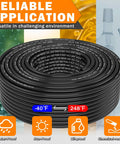 Coiled DOT Approved Quarter Inch PA12 Nylon Pneumatic Tubing, 200 Feet Long, durable air hose with weather icons, temperature range.