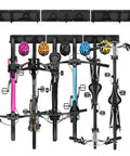Beefy Garage Wall Mount Bike Storage Rack Holds Up To 6 Bicycles And 5 Helmets, Heavy Duty Steel With Powder Coat Finish shown in use