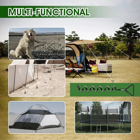 Collage showing uses of Beefy Heavy Duty Trampoline Ground Anchors 4 Pack With Straps Screw In Stakes for Windy Yards Easy Drill Or Manual Install